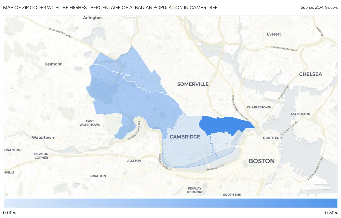 Zip Codes with the Highest Percentage of Albanian Population in Cambridge Map