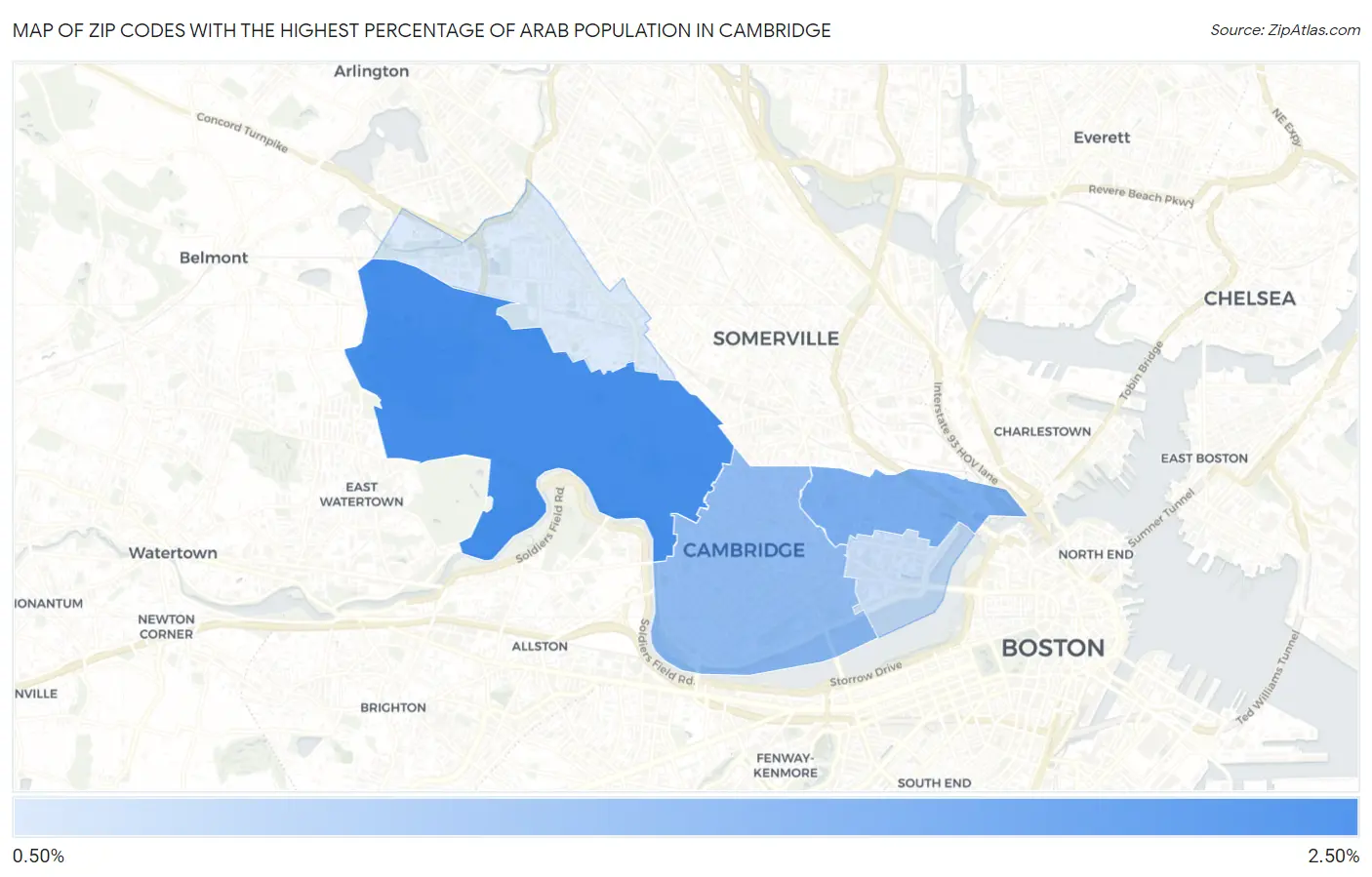 Zip Codes with the Highest Percentage of Arab Population in Cambridge Map