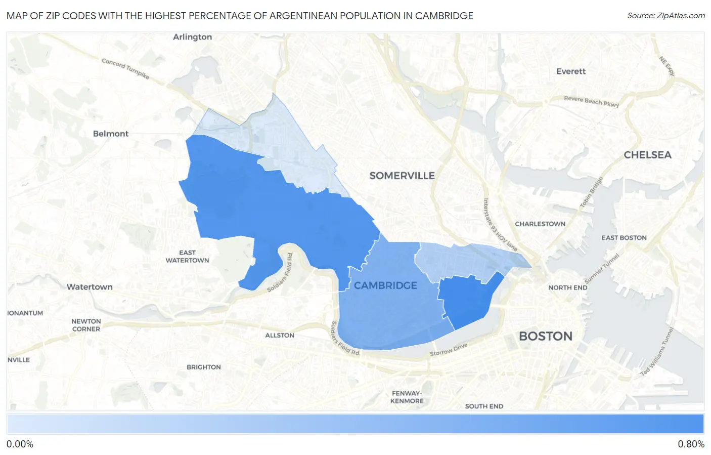 Zip Codes with the Highest Percentage of Argentinean Population in Cambridge Map