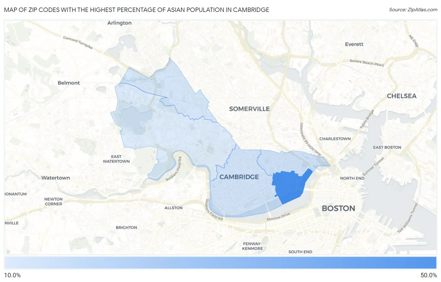Zip Codes with the Highest Percentage of Asian Population in Cambridge Map