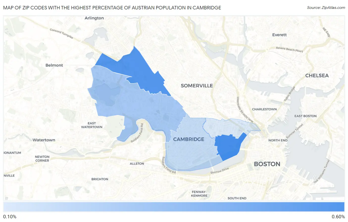 Zip Codes with the Highest Percentage of Austrian Population in Cambridge Map