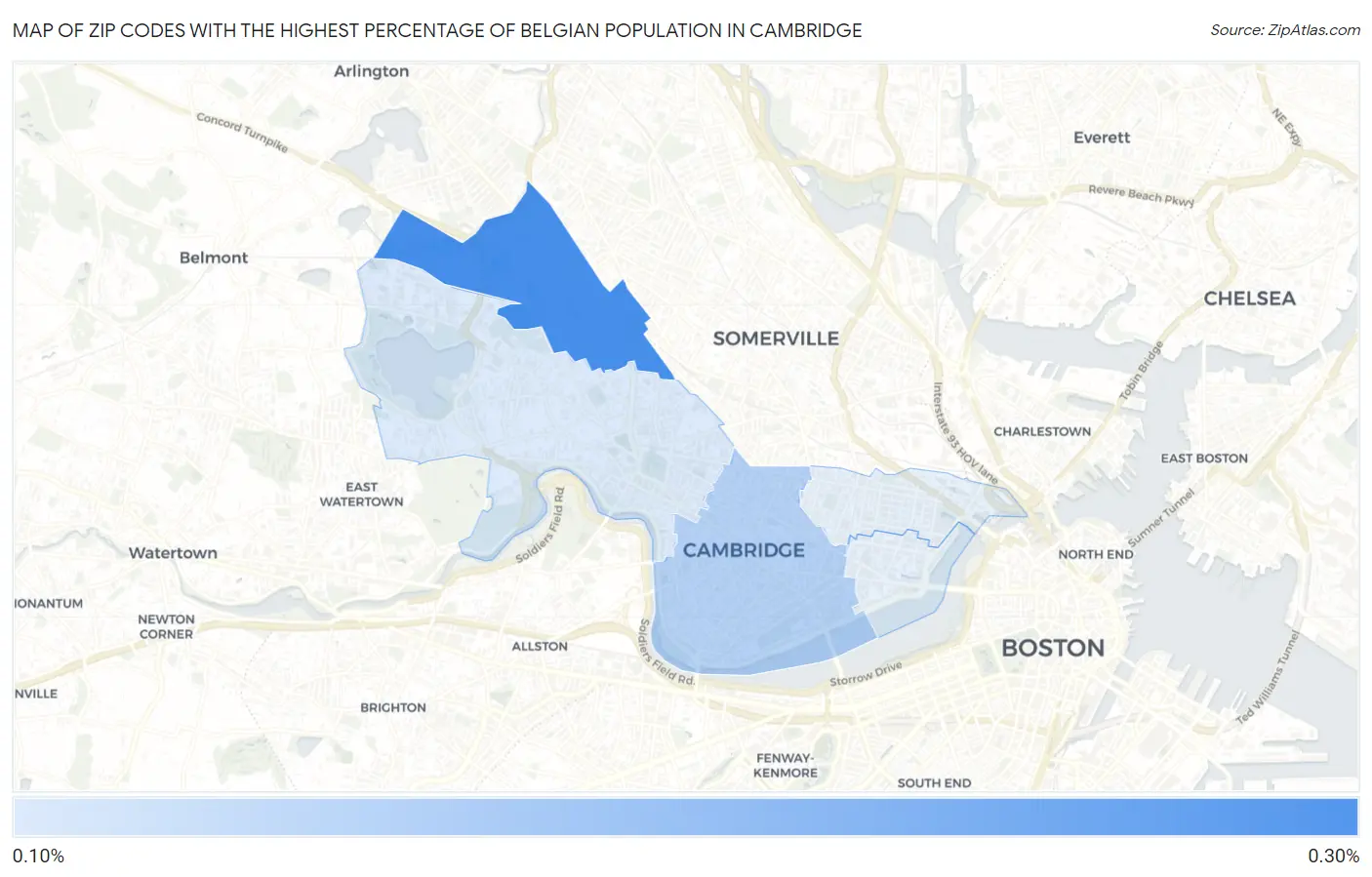 Zip Codes with the Highest Percentage of Belgian Population in Cambridge Map