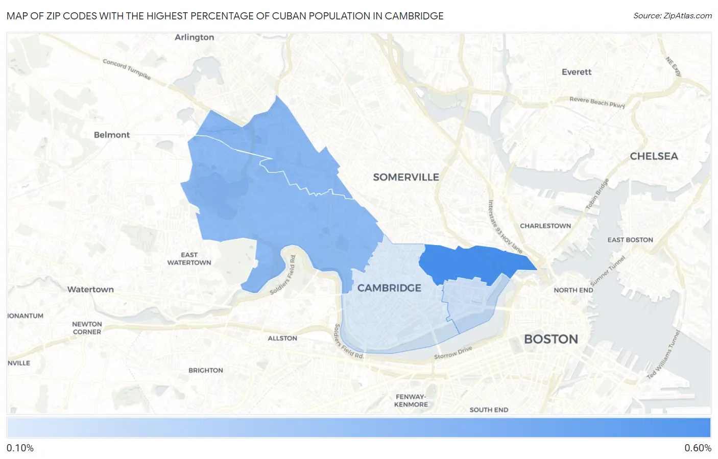 Zip Codes with the Highest Percentage of Cuban Population in Cambridge Map