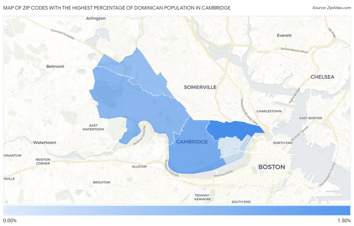 Zip Codes with the Highest Percentage of Dominican Population in Cambridge Map