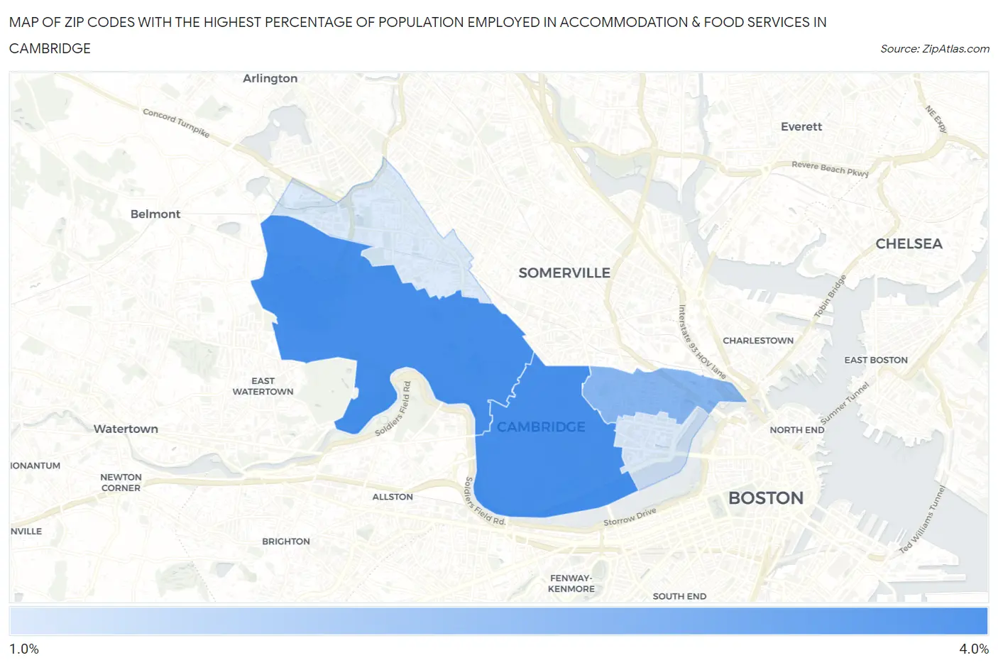 Zip Codes with the Highest Percentage of Population Employed in Accommodation & Food Services in Cambridge Map