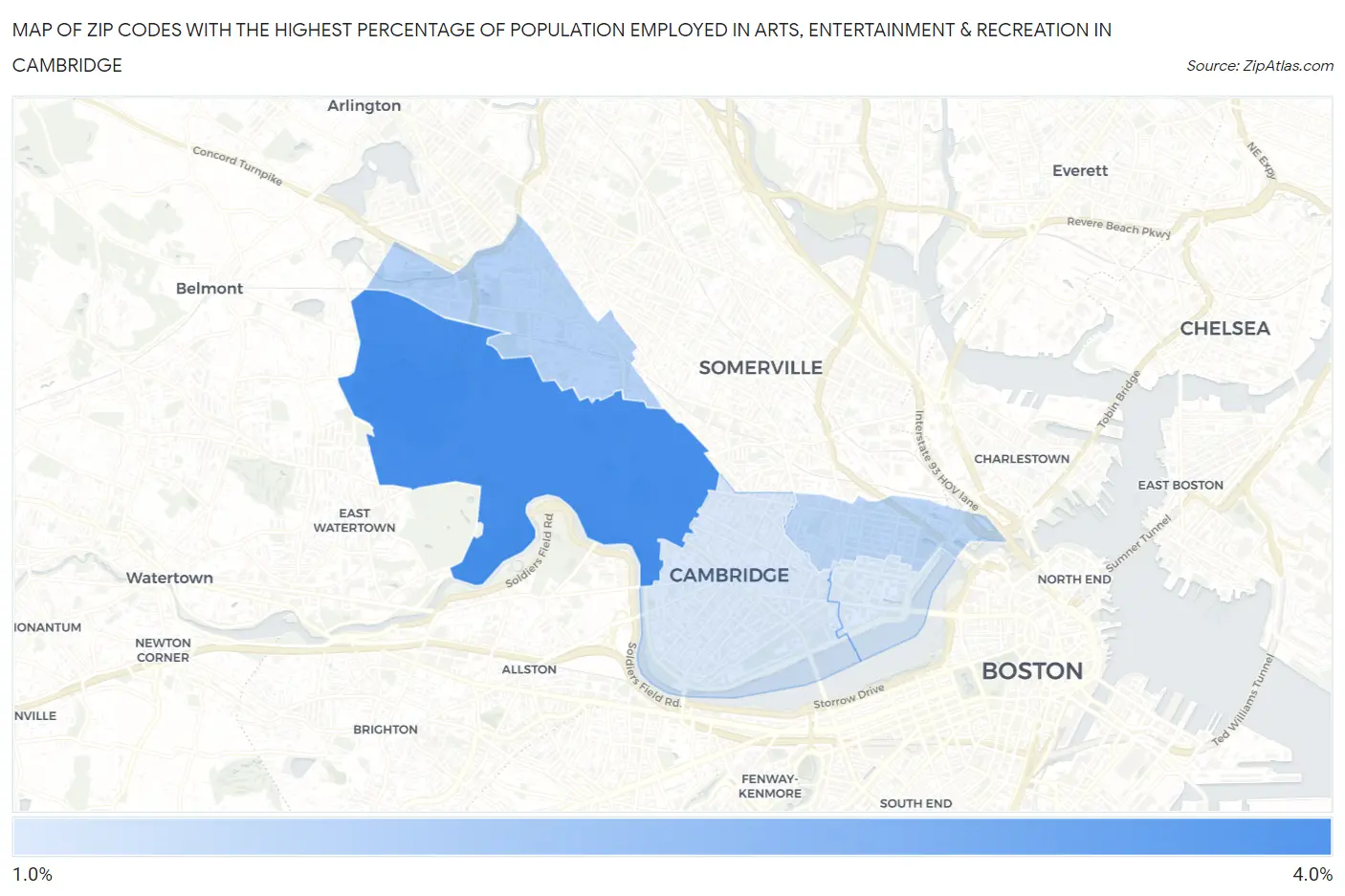 Zip Codes with the Highest Percentage of Population Employed in Arts, Entertainment & Recreation in Cambridge Map