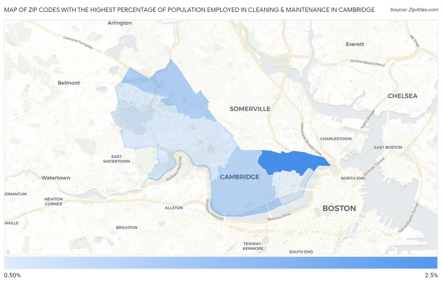 Zip Codes with the Highest Percentage of Population Employed in Cleaning & Maintenance in Cambridge Map