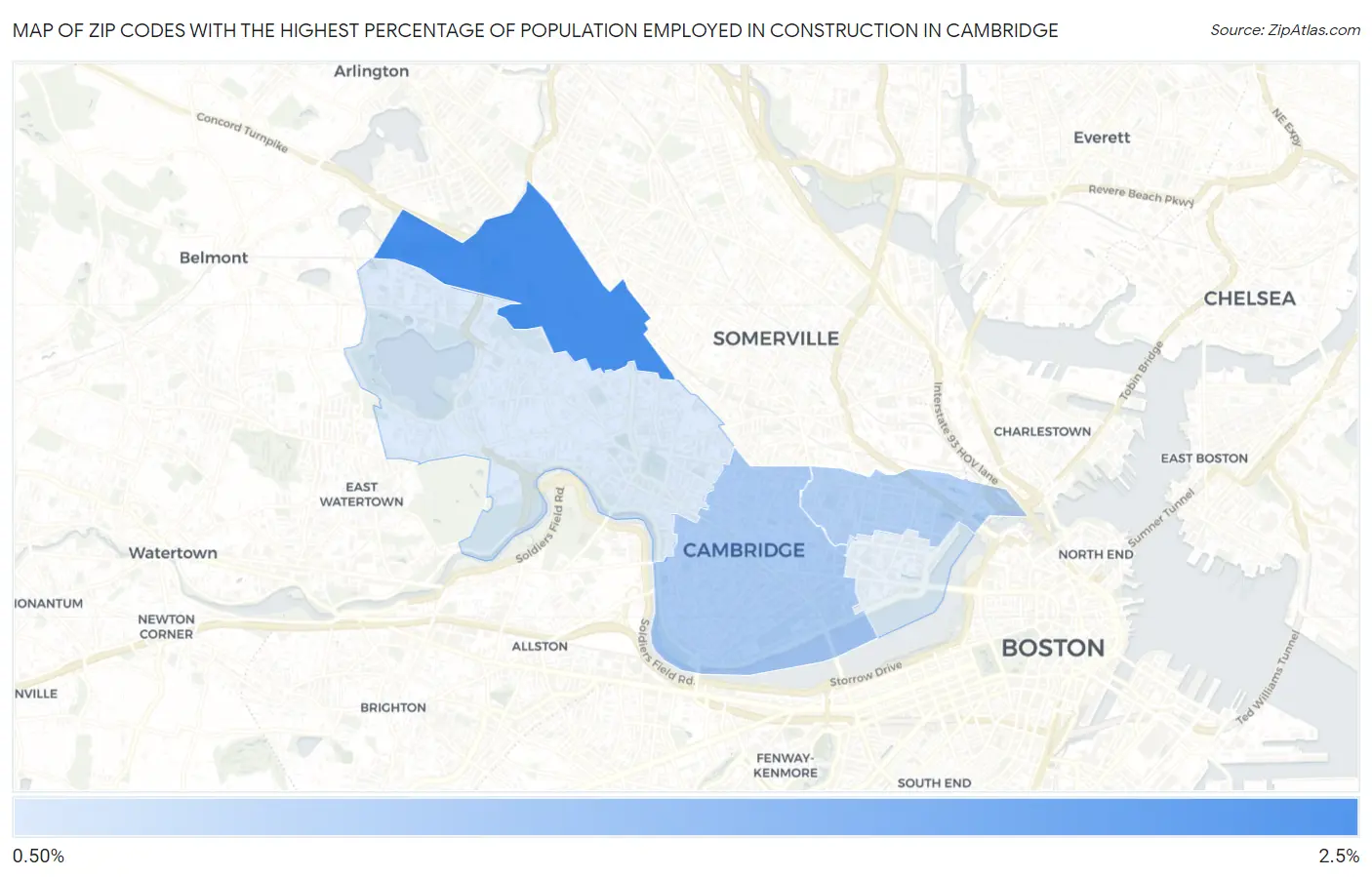 Zip Codes with the Highest Percentage of Population Employed in Construction in Cambridge Map