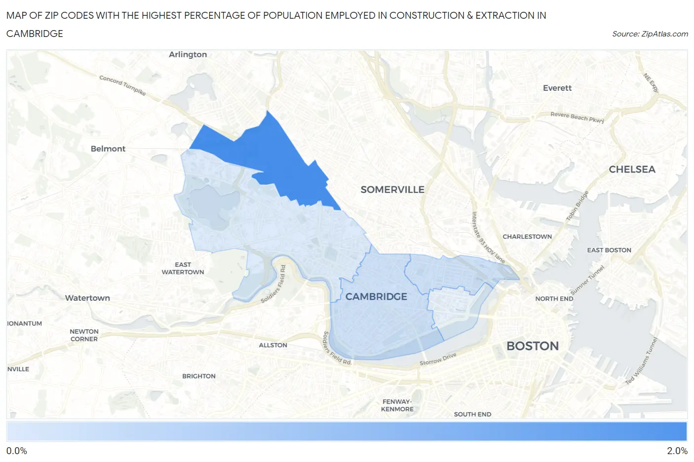 Zip Codes with the Highest Percentage of Population Employed in Construction & Extraction in Cambridge Map