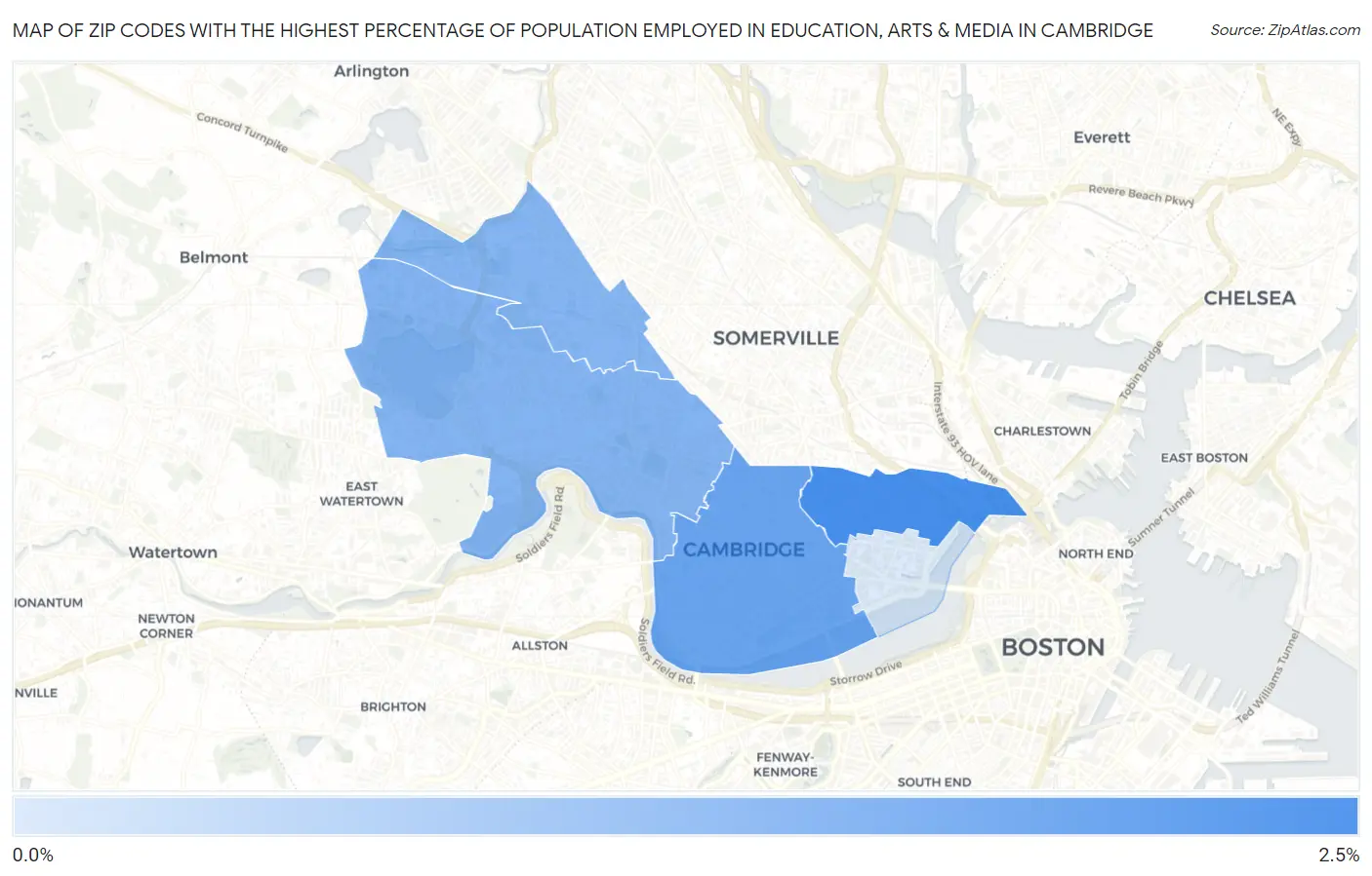 Zip Codes with the Highest Percentage of Population Employed in Education, Arts & Media in Cambridge Map