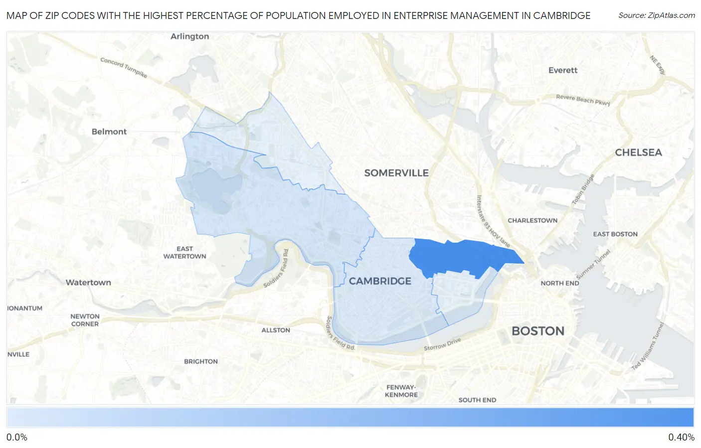 Zip Codes with the Highest Percentage of Population Employed in Enterprise Management in Cambridge Map
