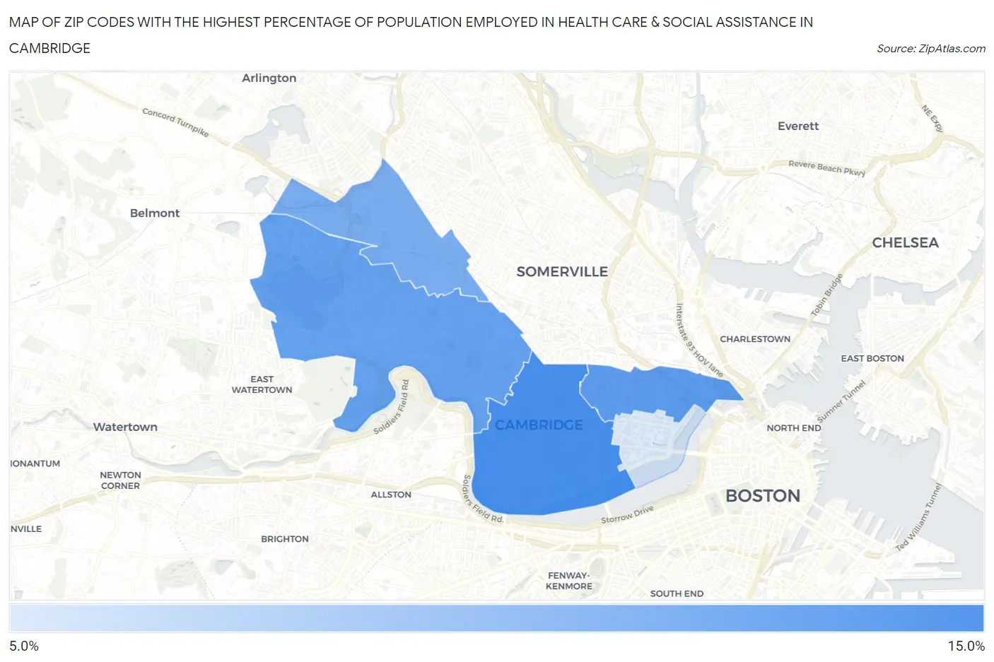 Zip Codes with the Highest Percentage of Population Employed in Health Care & Social Assistance in Cambridge Map