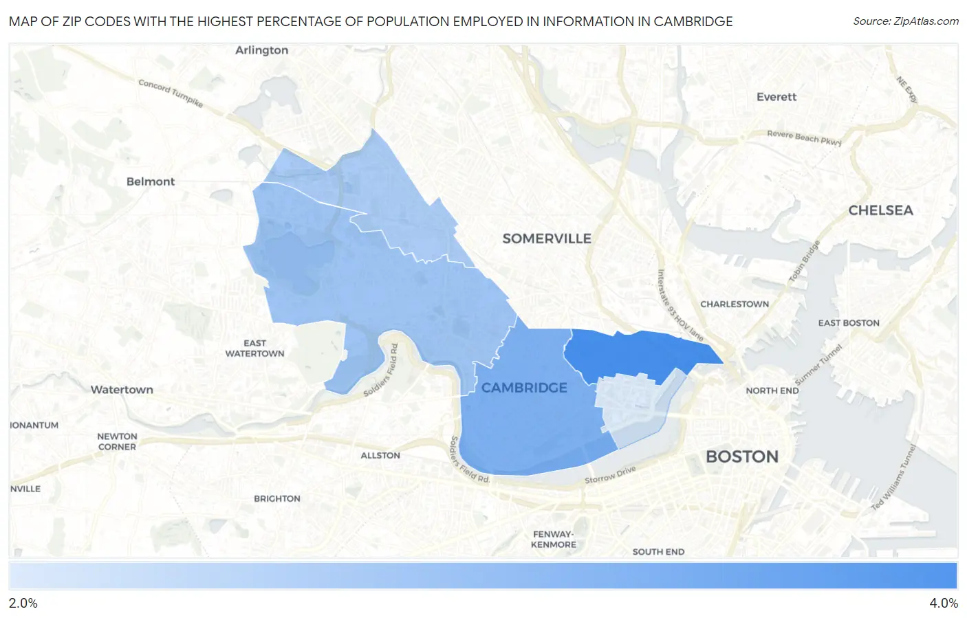 Zip Codes with the Highest Percentage of Population Employed in Information in Cambridge Map