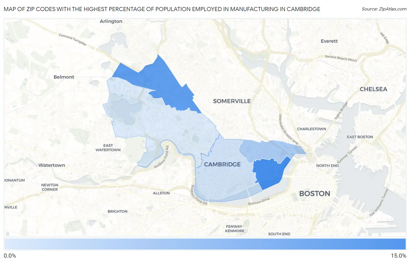 Zip Codes with the Highest Percentage of Population Employed in Manufacturing in Cambridge Map