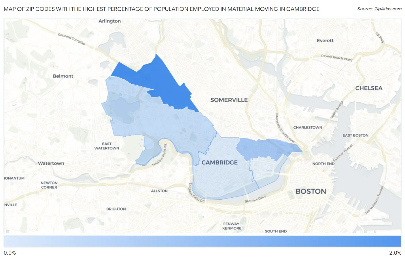 Zip Codes with the Highest Percentage of Population Employed in Material Moving in Cambridge Map