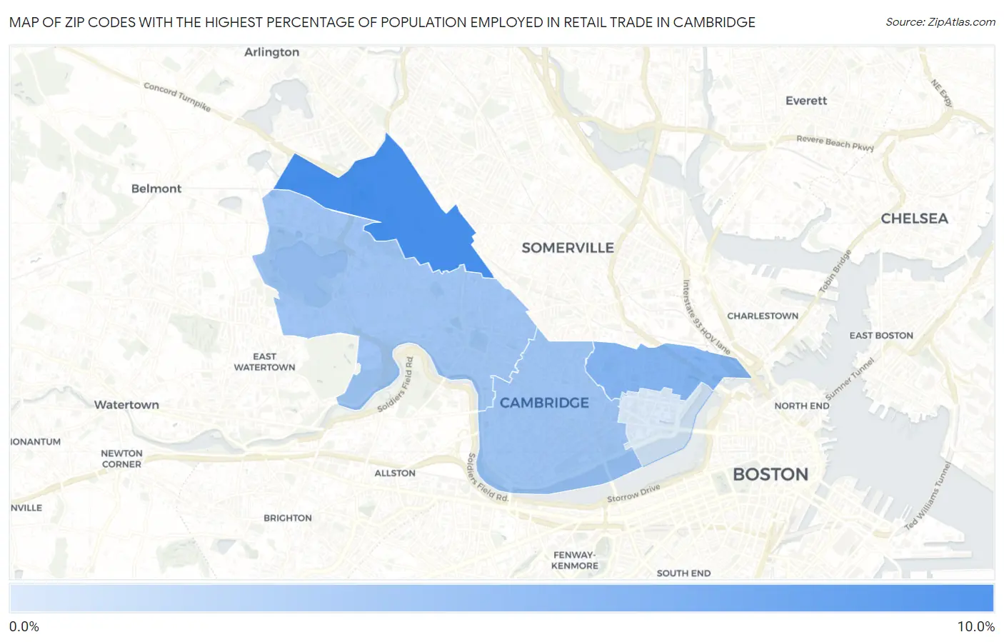 Zip Codes with the Highest Percentage of Population Employed in Retail Trade in Cambridge Map