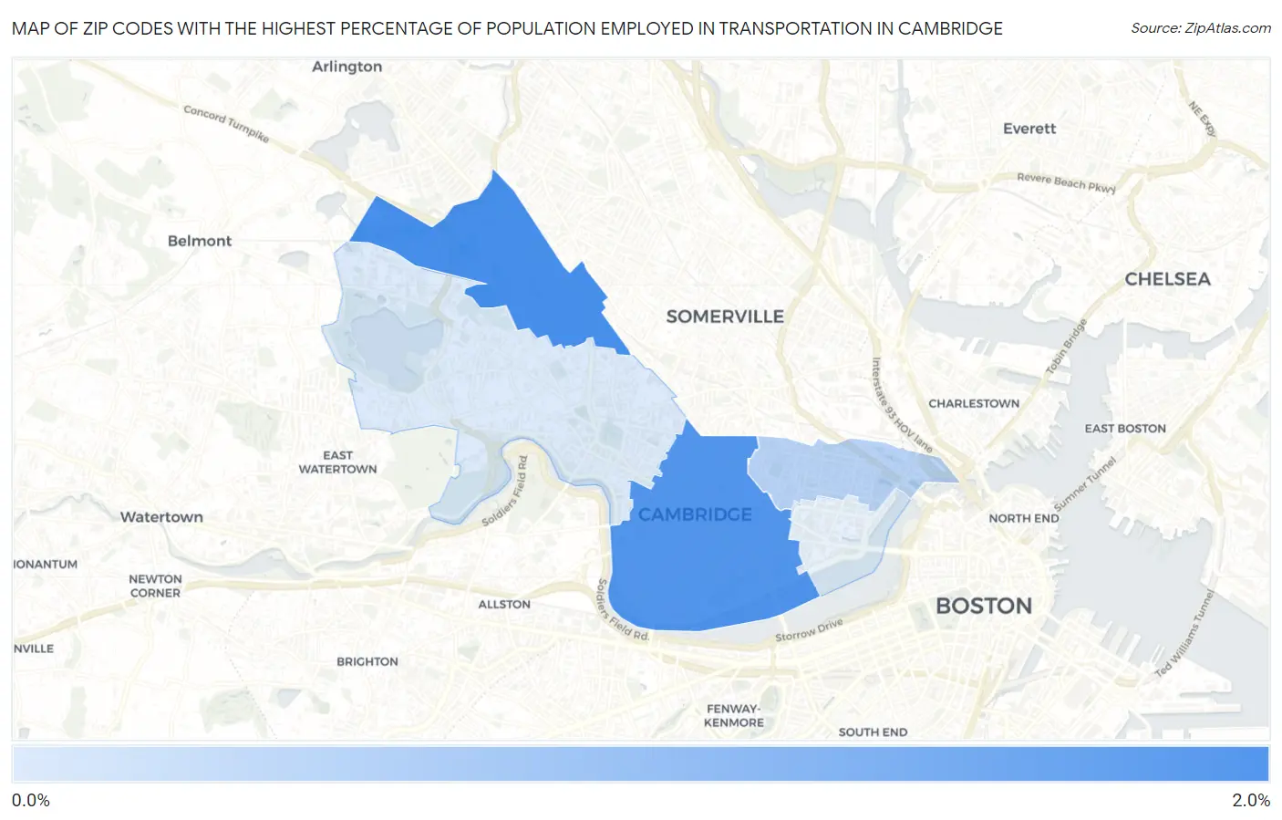 Zip Codes with the Highest Percentage of Population Employed in Transportation in Cambridge Map