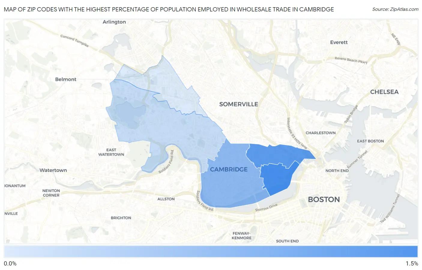 Zip Codes with the Highest Percentage of Population Employed in Wholesale Trade in Cambridge Map