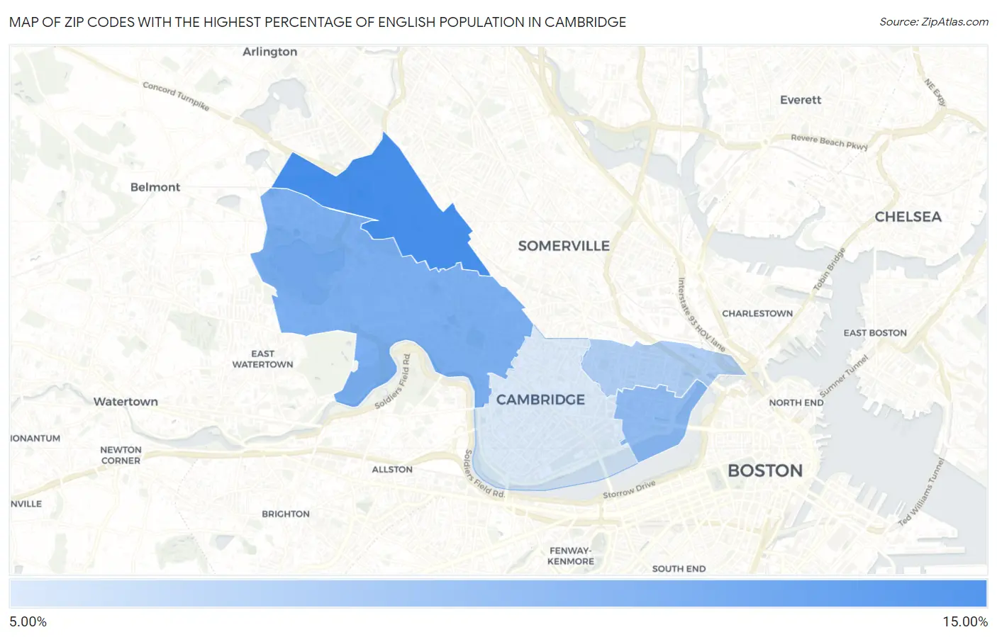 Zip Codes with the Highest Percentage of English Population in Cambridge Map