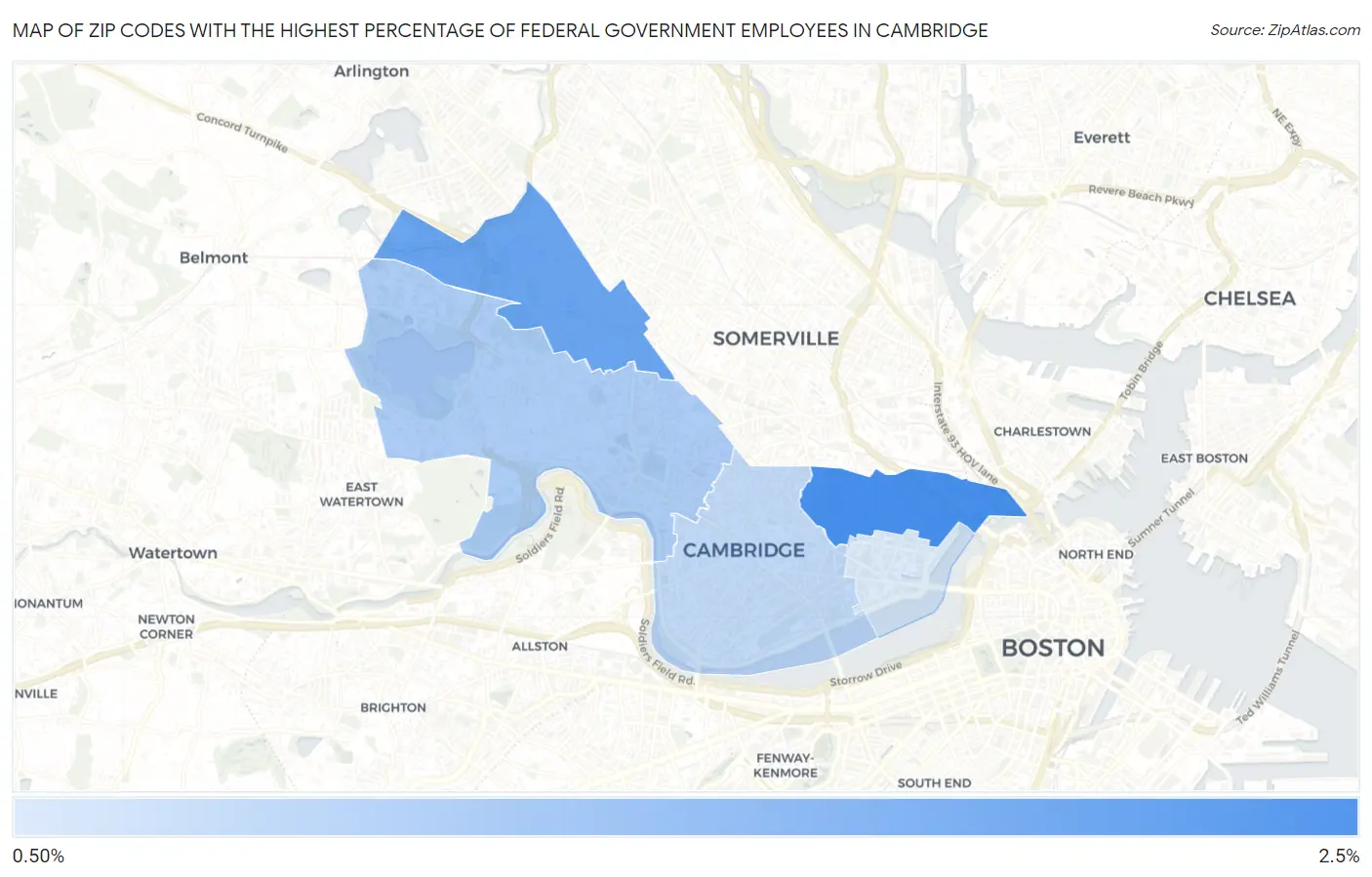 Zip Codes with the Highest Percentage of Federal Government Employees in Cambridge Map