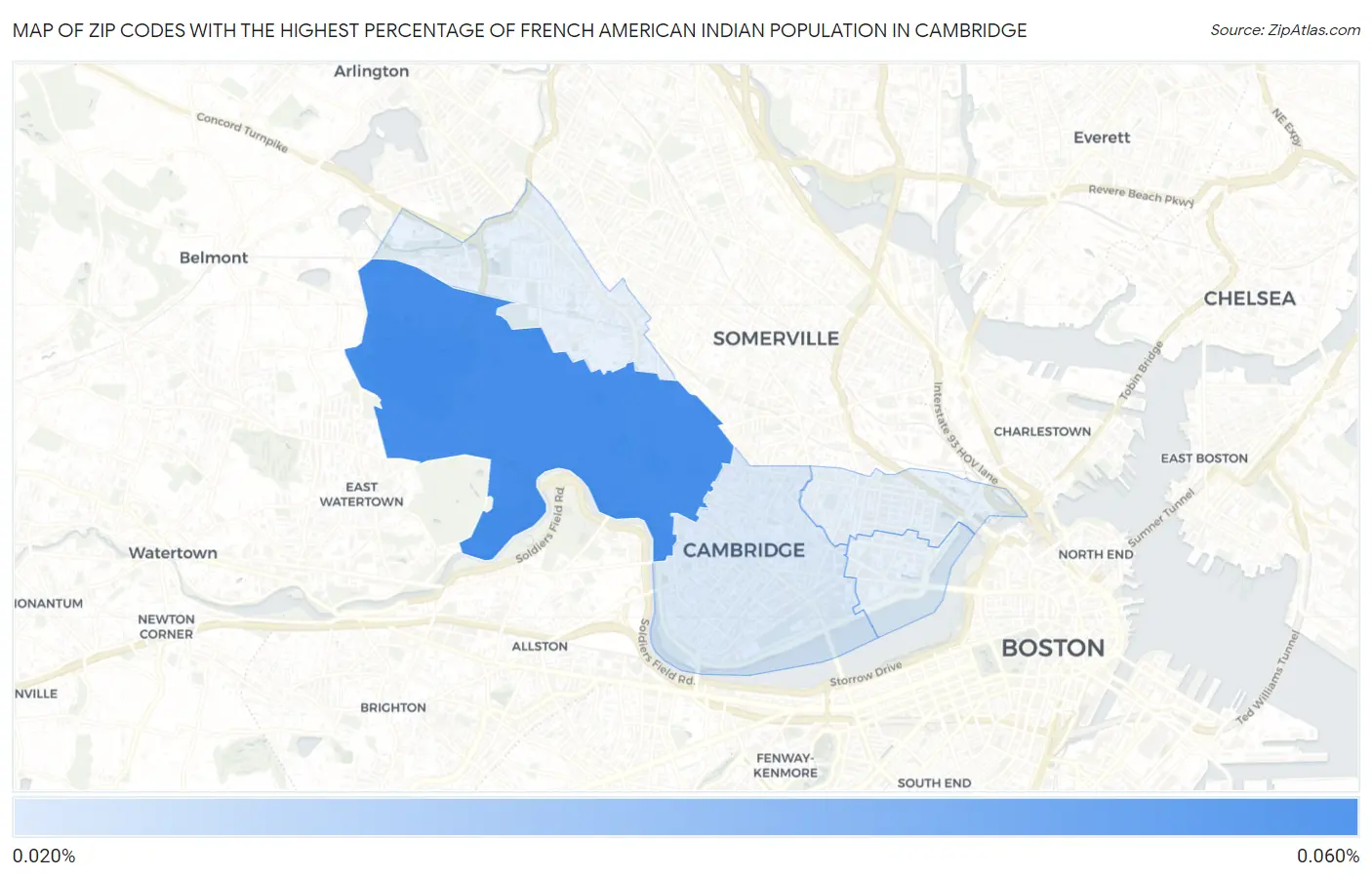 Zip Codes with the Highest Percentage of French American Indian Population in Cambridge Map