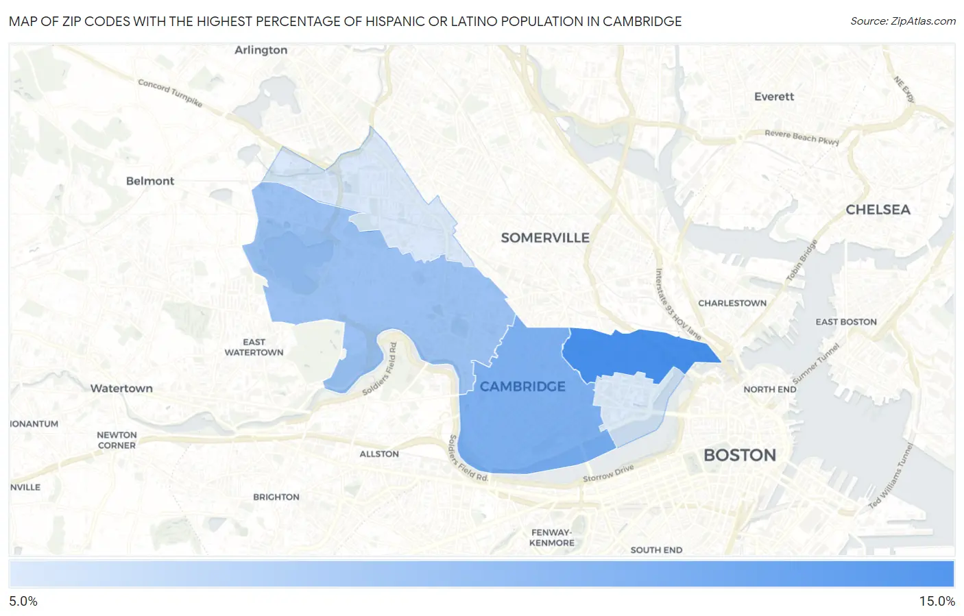 Zip Codes with the Highest Percentage of Hispanic or Latino Population in Cambridge Map