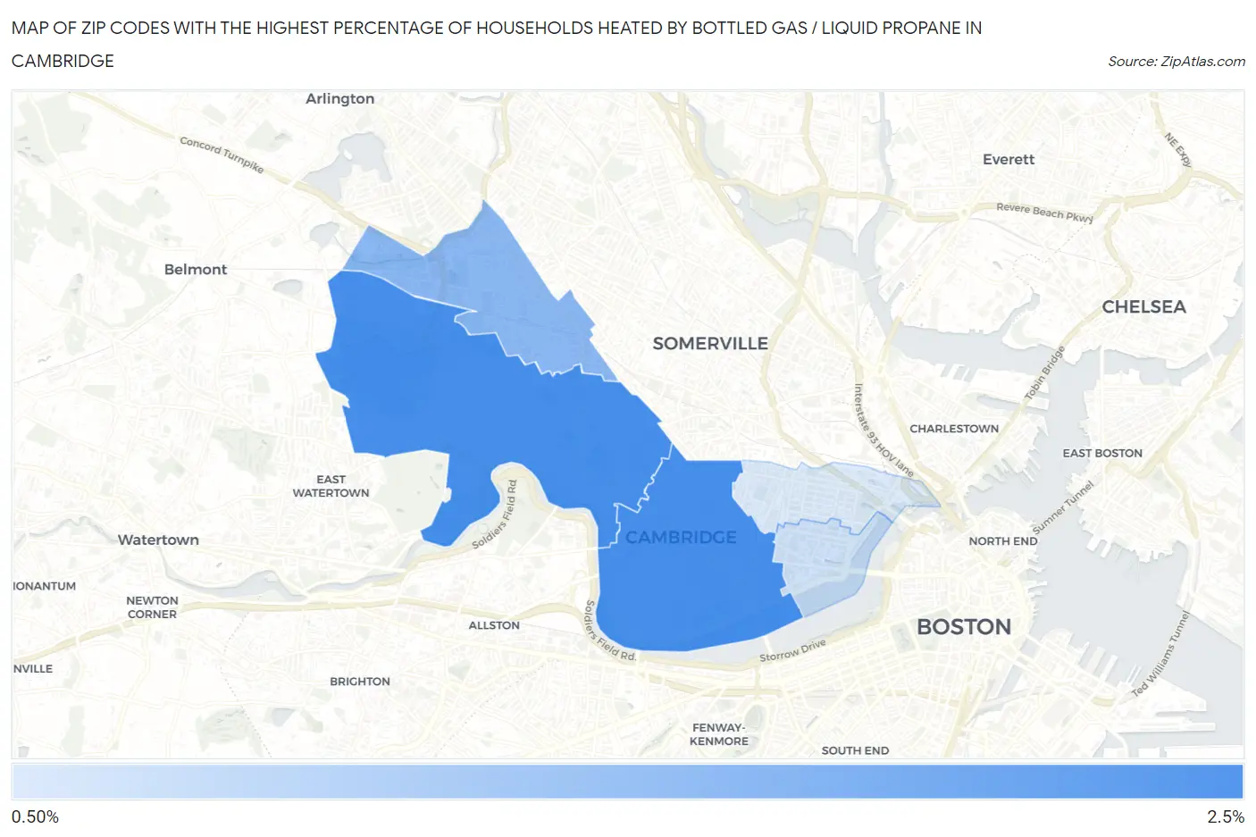 Zip Codes with the Highest Percentage of Households Heated by Bottled Gas / Liquid Propane in Cambridge Map