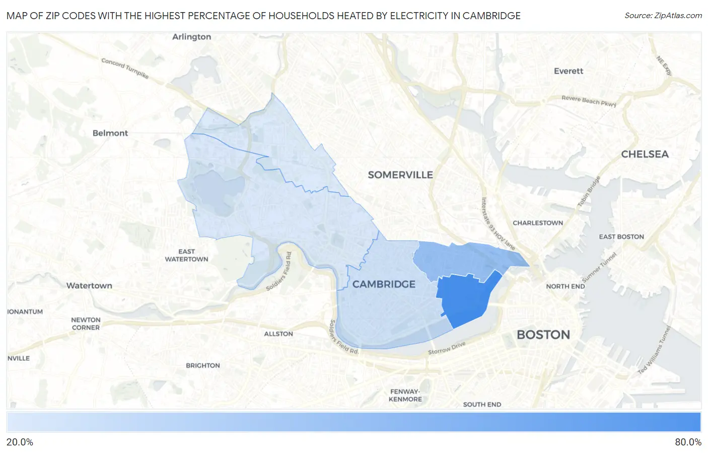 Zip Codes with the Highest Percentage of Households Heated by Electricity in Cambridge Map