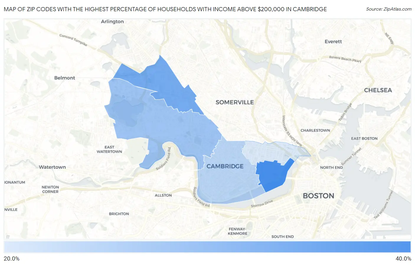 Zip Codes with the Highest Percentage of Households with Income Above $200,000 in Cambridge Map