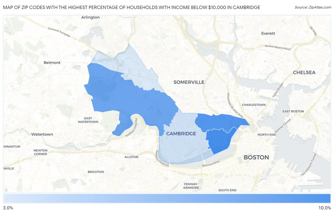 Zip Codes with the Highest Percentage of Households with Income Below $10,000 in Cambridge Map
