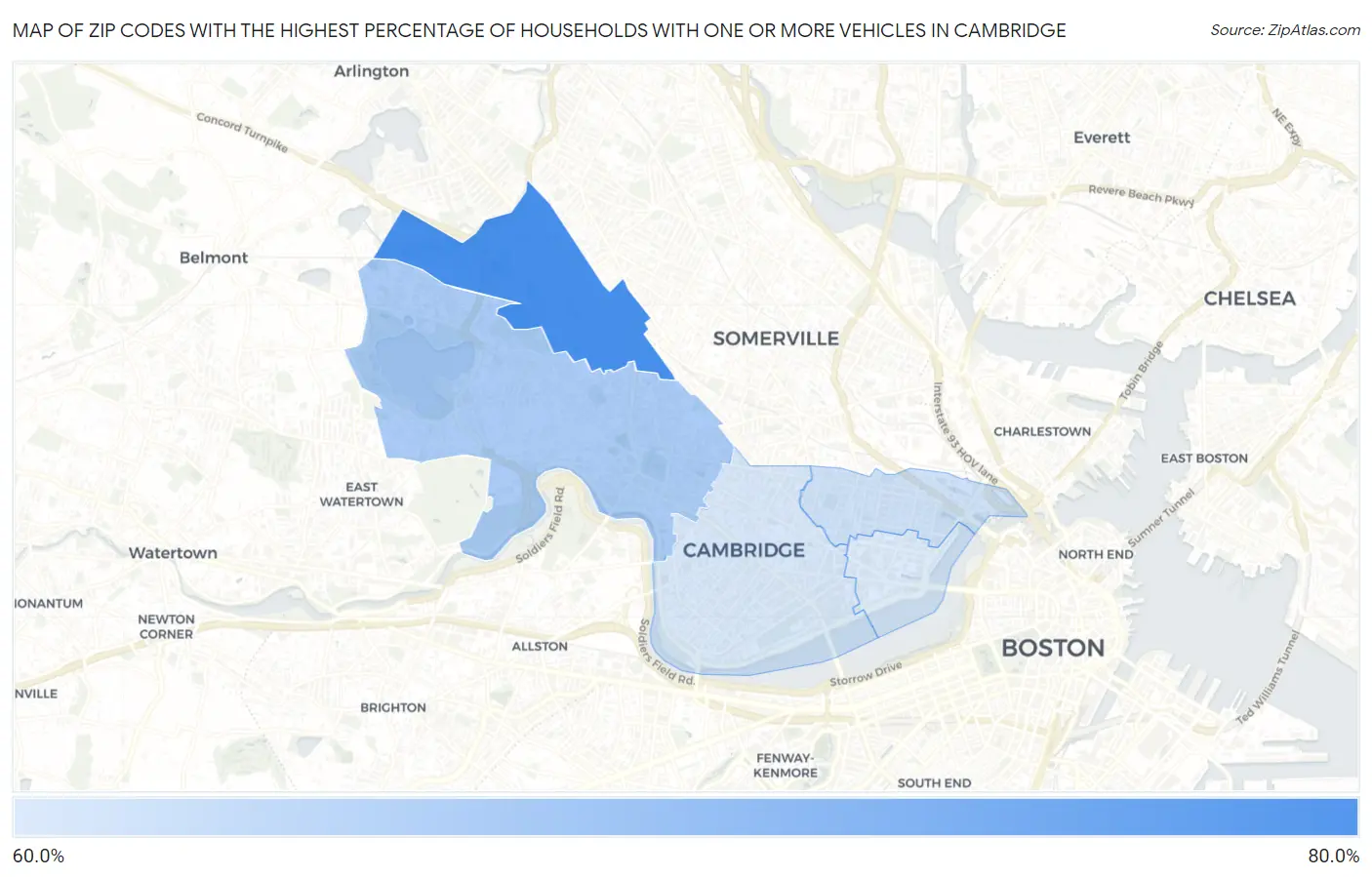 Zip Codes with the Highest Percentage of Households With One or more Vehicles in Cambridge Map