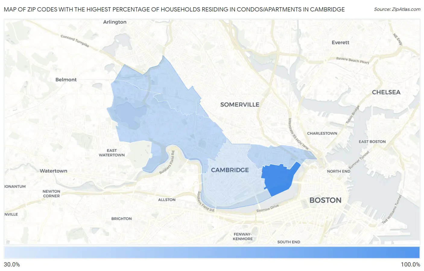 Zip Codes with the Highest Percentage of Households Residing in Condos/Apartments in Cambridge Map