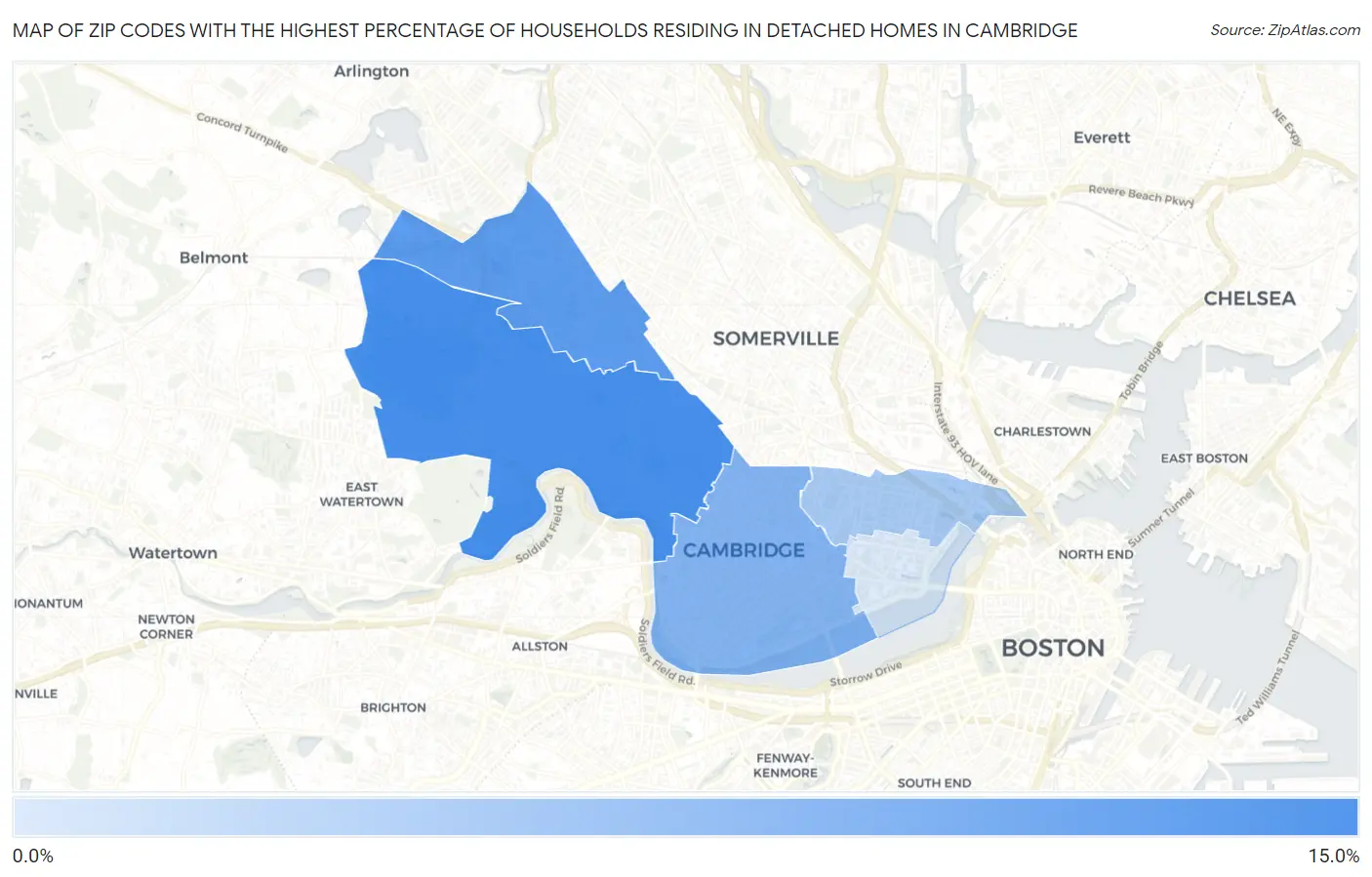 Zip Codes with the Highest Percentage of Households Residing in Detached Homes in Cambridge Map