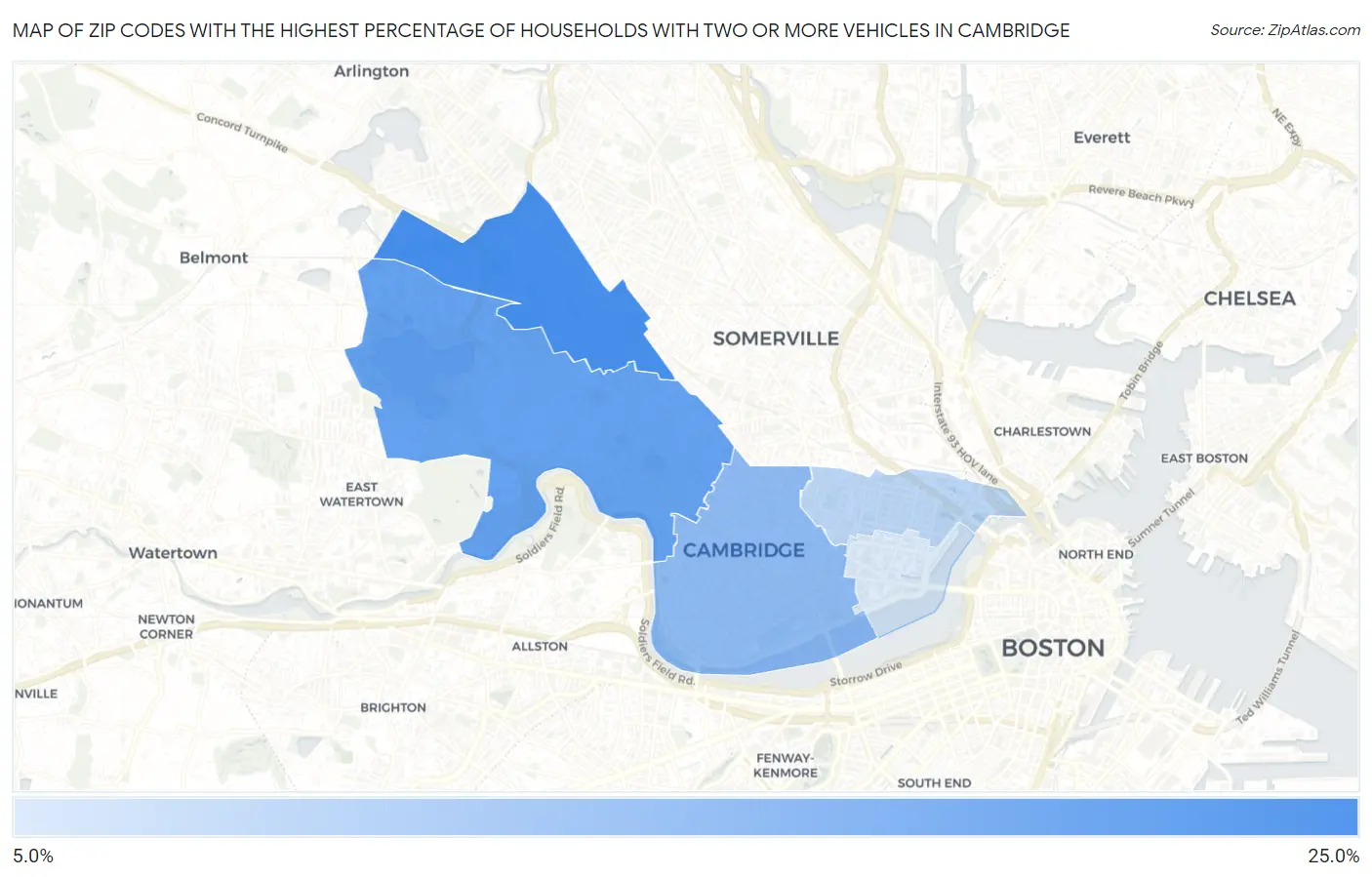 Zip Codes with the Highest Percentage of Households With Two or more Vehicles in Cambridge Map