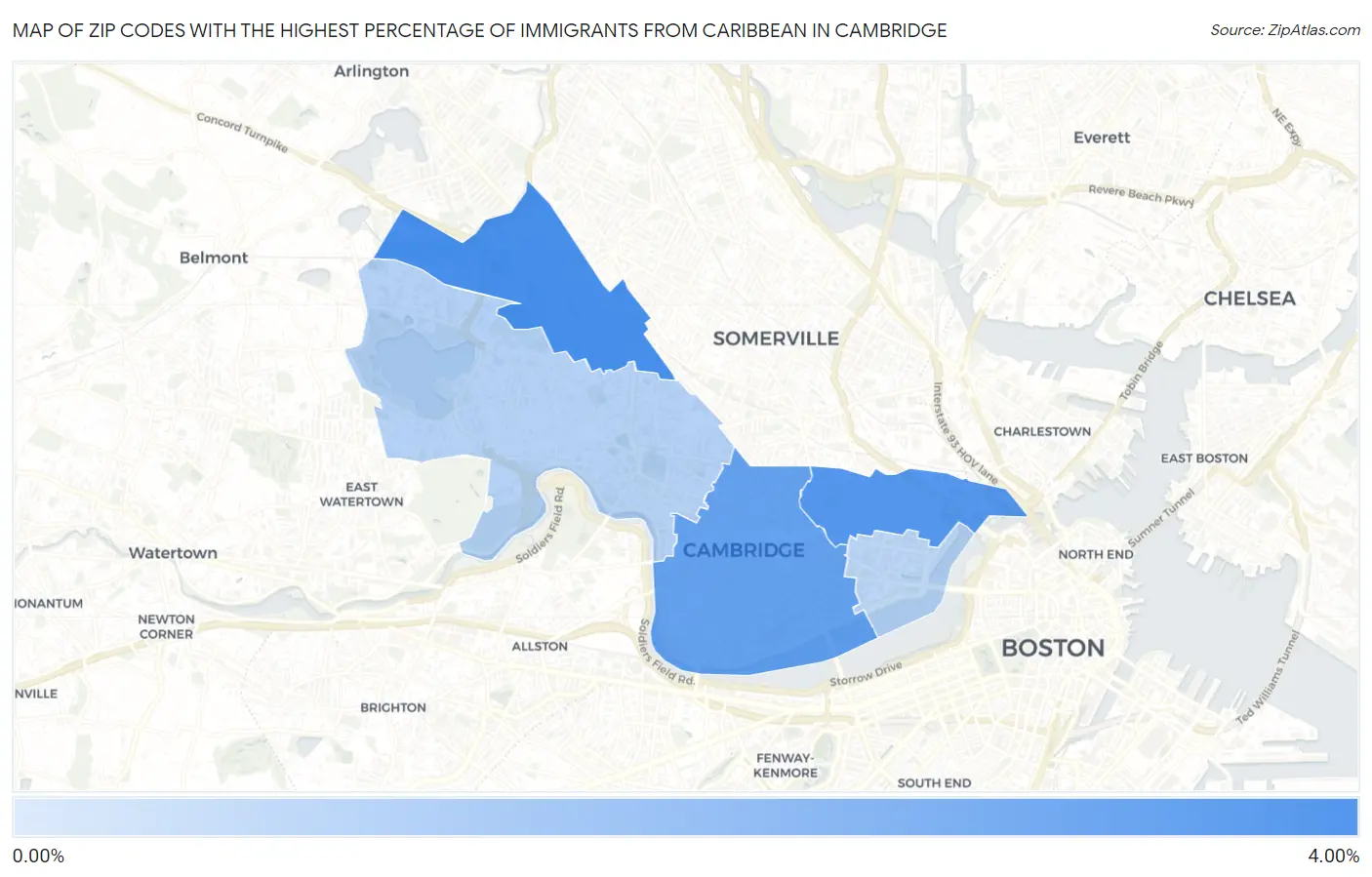 Zip Codes with the Highest Percentage of Immigrants from Caribbean in Cambridge Map
