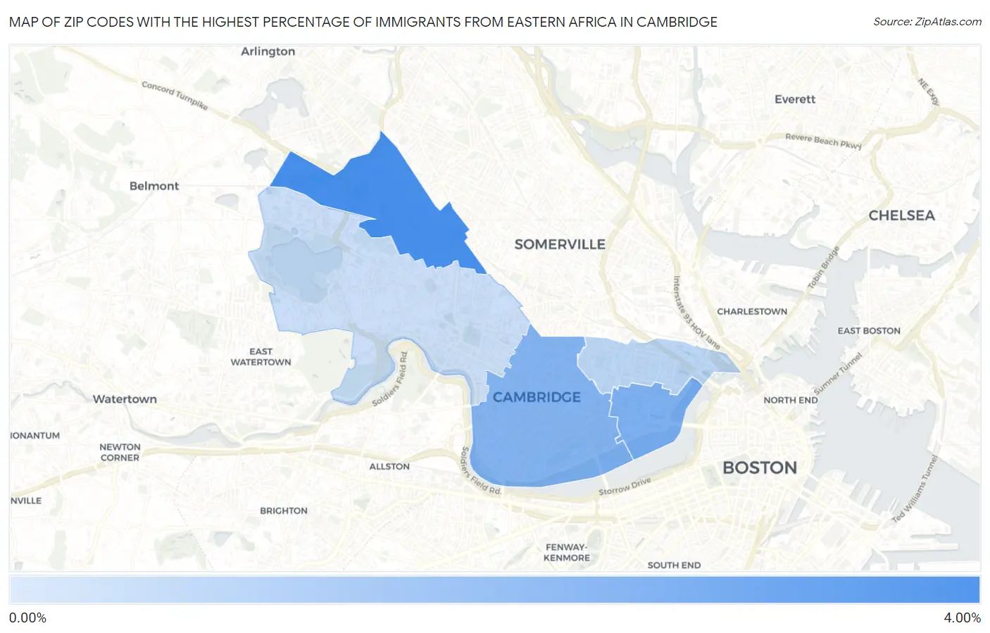 Zip Codes with the Highest Percentage of Immigrants from Eastern Africa in Cambridge Map