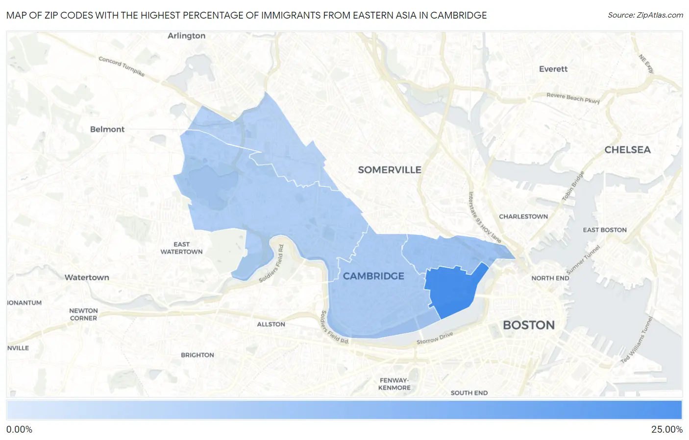 Zip Codes with the Highest Percentage of Immigrants from Eastern Asia in Cambridge Map