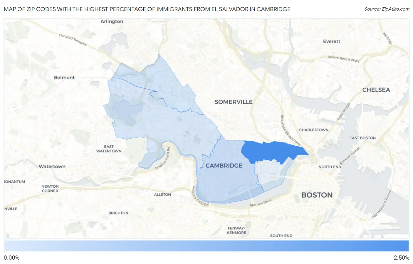 Zip Codes with the Highest Percentage of Immigrants from El Salvador in Cambridge Map