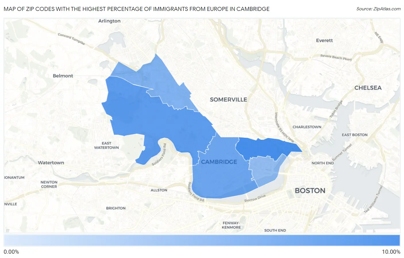 Zip Codes with the Highest Percentage of Immigrants from Europe in Cambridge Map