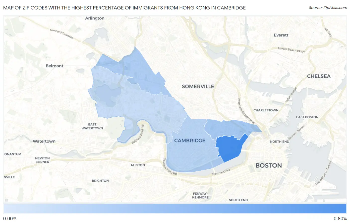 Zip Codes with the Highest Percentage of Immigrants from Hong Kong in Cambridge Map