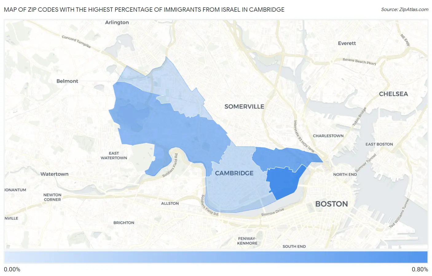 Zip Codes with the Highest Percentage of Immigrants from Israel in Cambridge Map