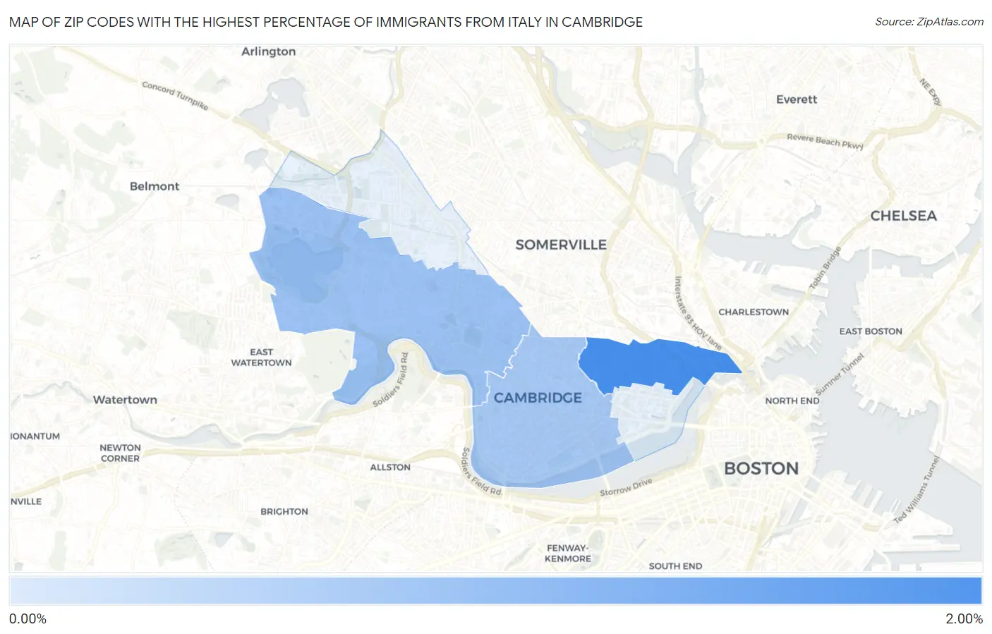 Zip Codes with the Highest Percentage of Immigrants from Italy in Cambridge Map