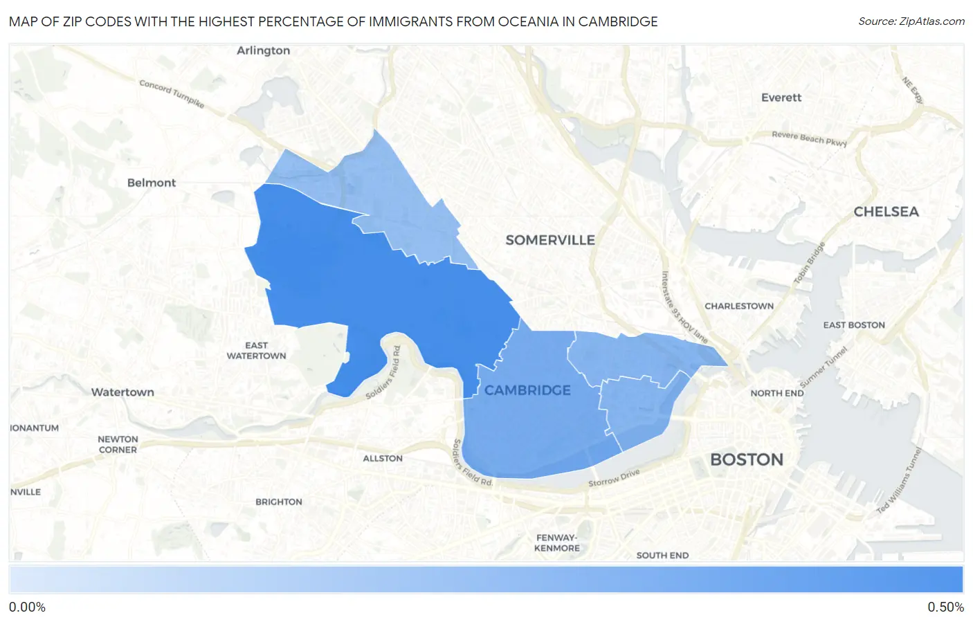 Zip Codes with the Highest Percentage of Immigrants from Oceania in Cambridge Map