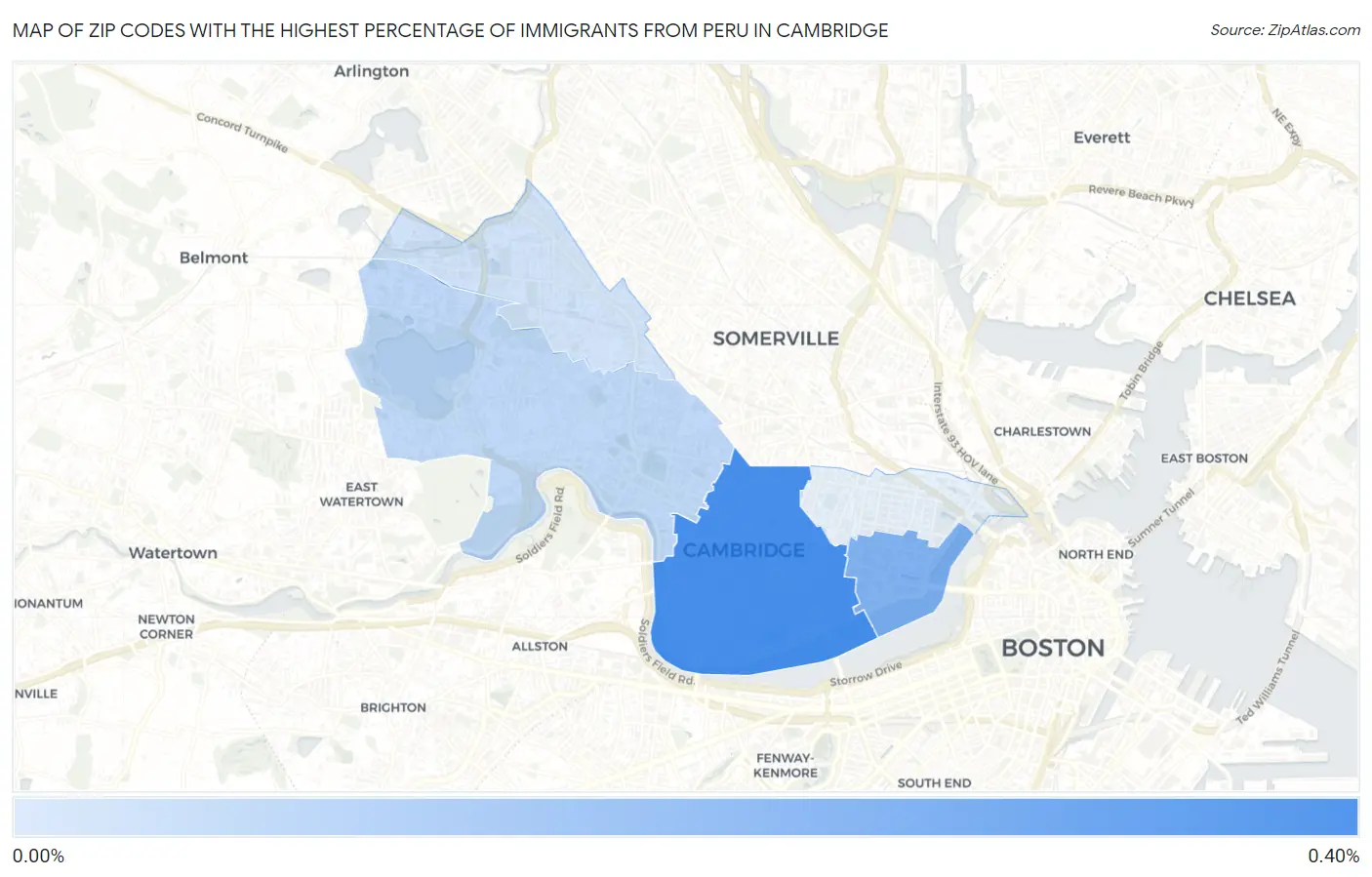 Zip Codes with the Highest Percentage of Immigrants from Peru in Cambridge Map