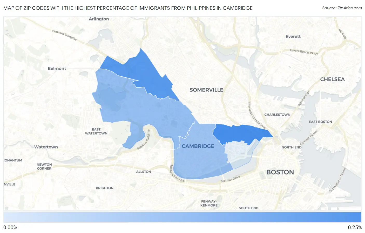 Zip Codes with the Highest Percentage of Immigrants from Philippines in Cambridge Map