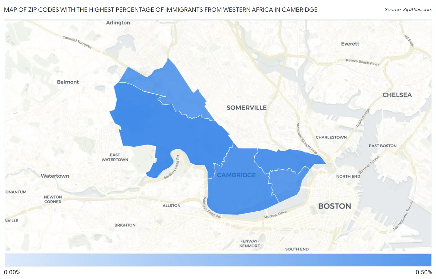Zip Codes with the Highest Percentage of Immigrants from Western Africa in Cambridge Map