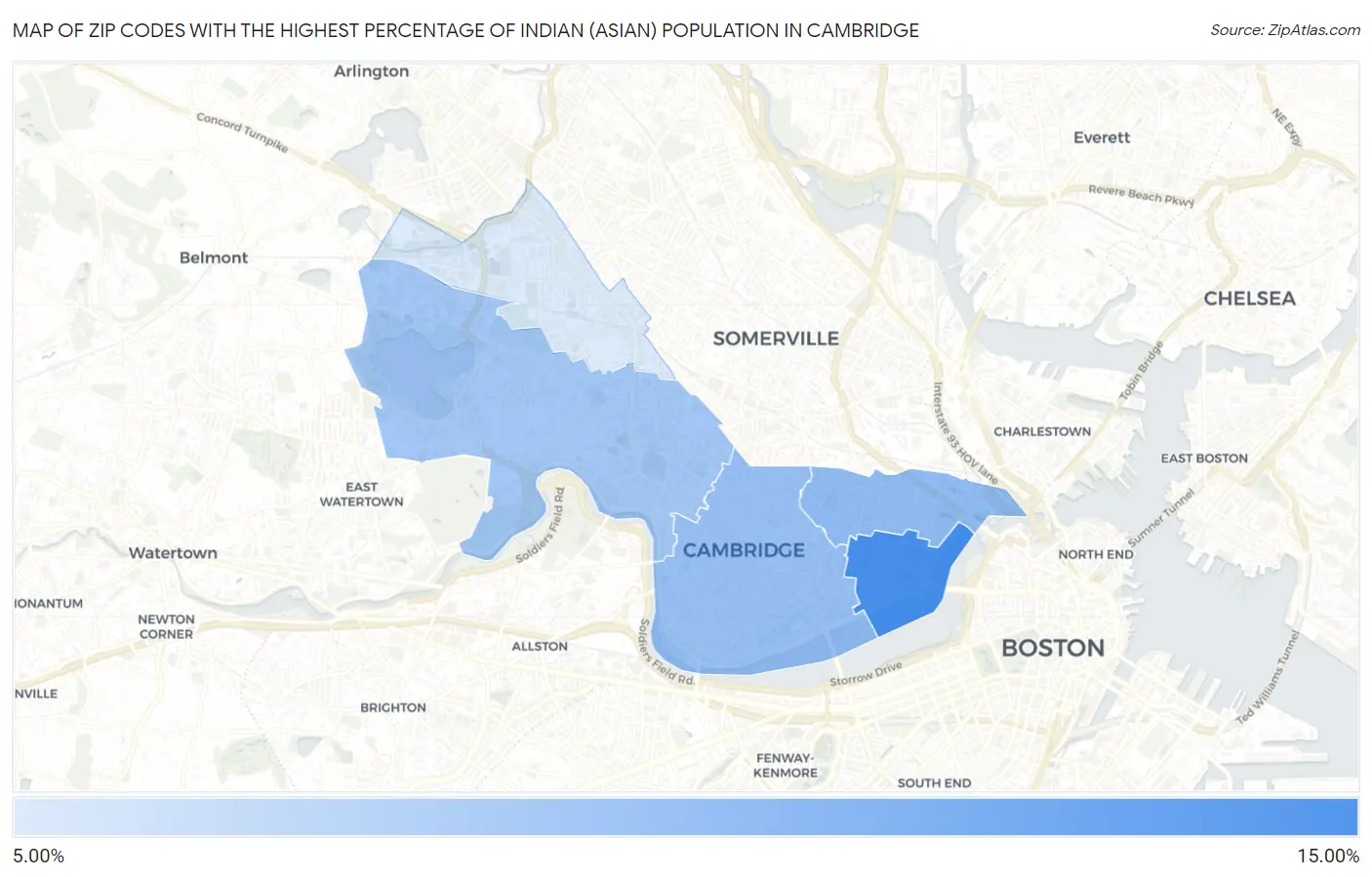 Zip Codes with the Highest Percentage of Indian (Asian) Population in Cambridge Map