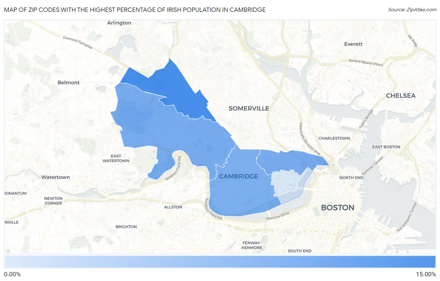 Zip Codes with the Highest Percentage of Irish Population in Cambridge Map