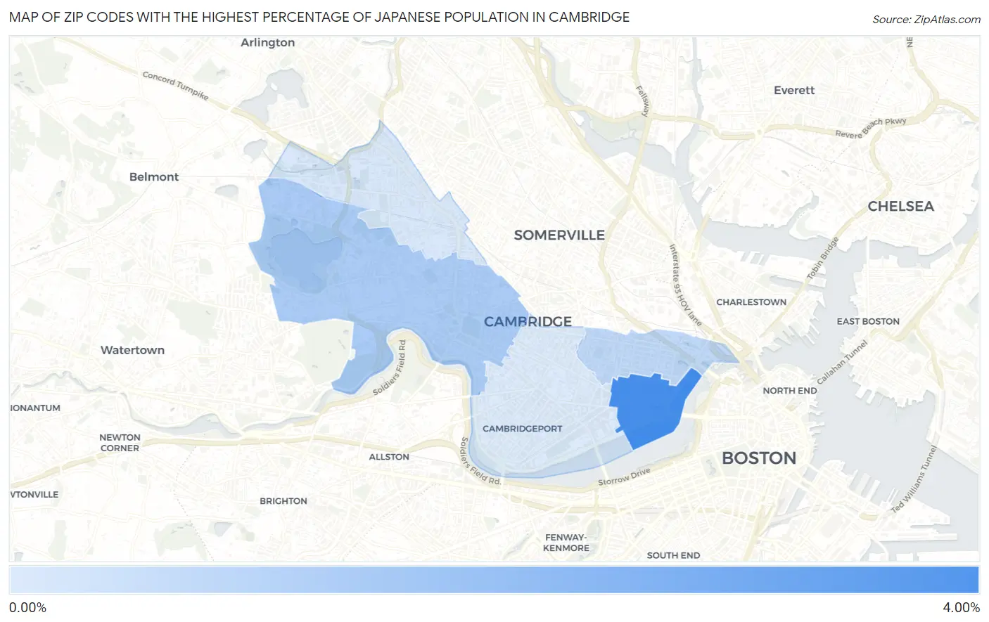 Zip Codes with the Highest Percentage of Japanese Population in Cambridge Map