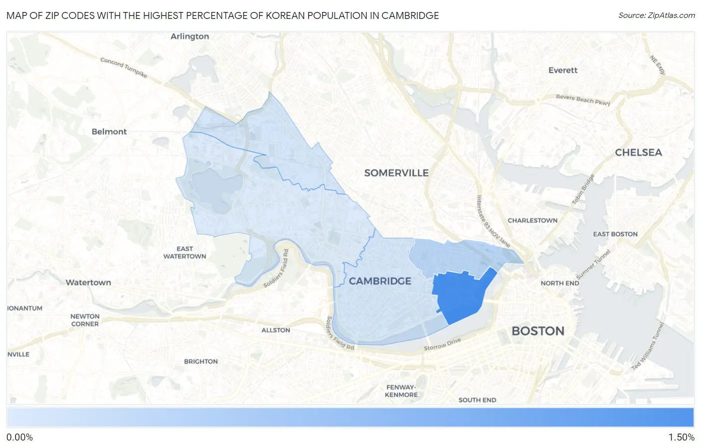Zip Codes with the Highest Percentage of Korean Population in Cambridge Map